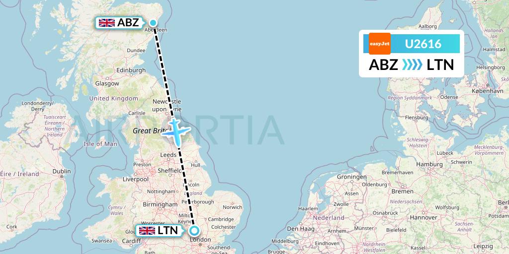 U2616 EasyJet Flight Map: Aberdeen to London