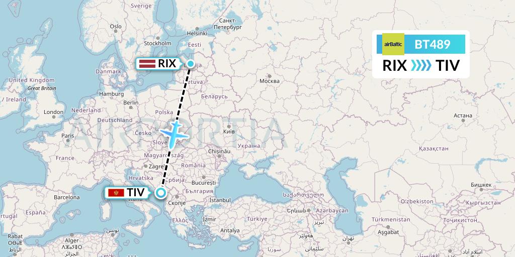 BT489 Air Baltic Flight Map: Riga to Tivat