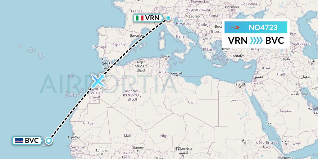 NO4723 Neos Flight Map: Verona to Boa Vista