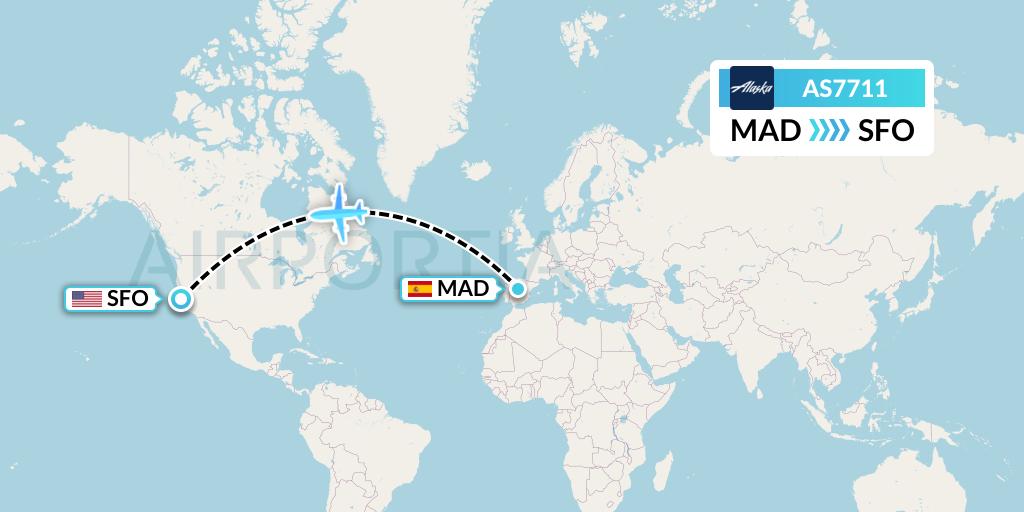 AS7711 Alaska Airlines Flight Map: Madrid to San Francisco