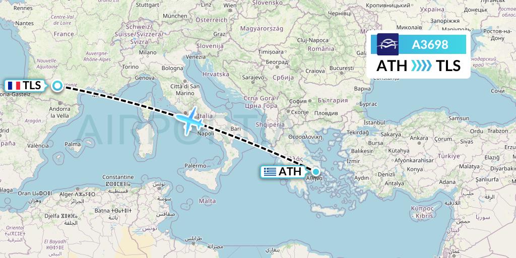 A3698 Aegean Airlines Flight Map: Athens to Toulouse