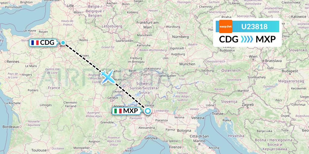 U23818 EasyJet Flight Map: Paris to Milan