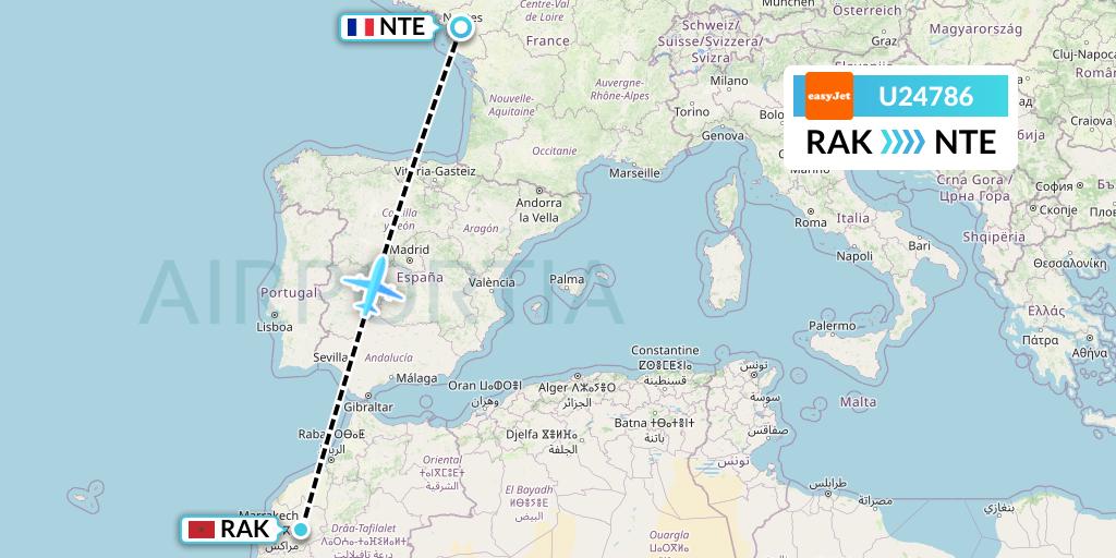 U24786 EasyJet Flight Map: Marrakesh to Nantes