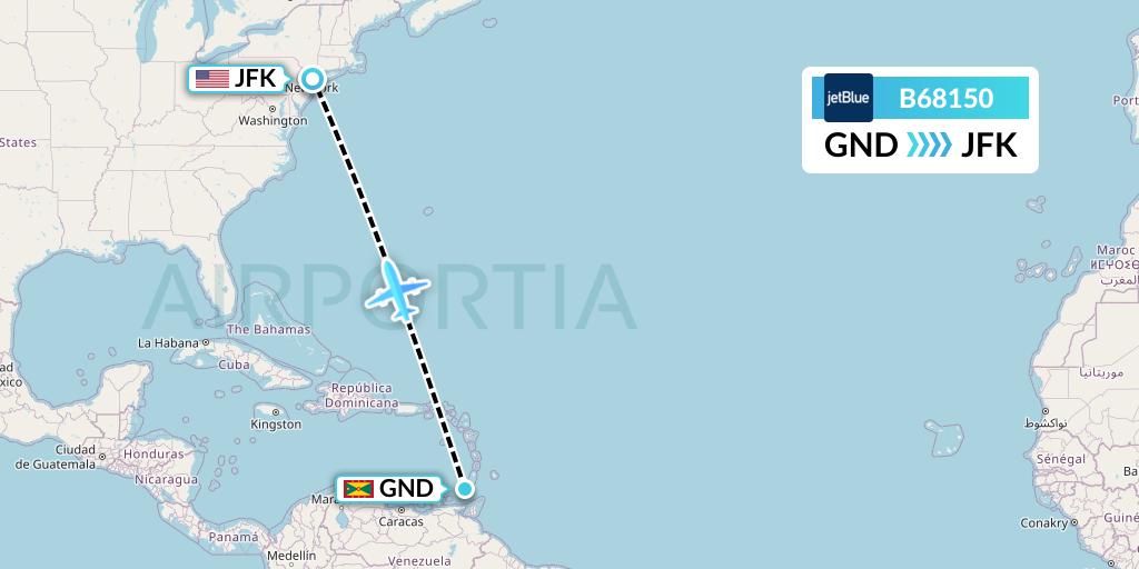 B68150 JetBlue Airways Flight Map: Point Salines to New York