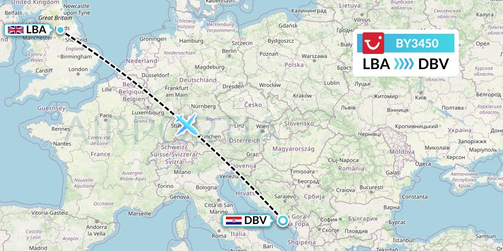 BY3450 TUI Airways Flight Map: Leeds to Dubrovnik