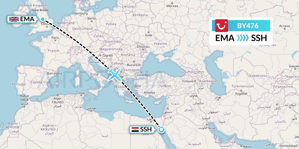 BY476 TUI Airways Flight Map: East Midlands to Sharm el-Sheikh