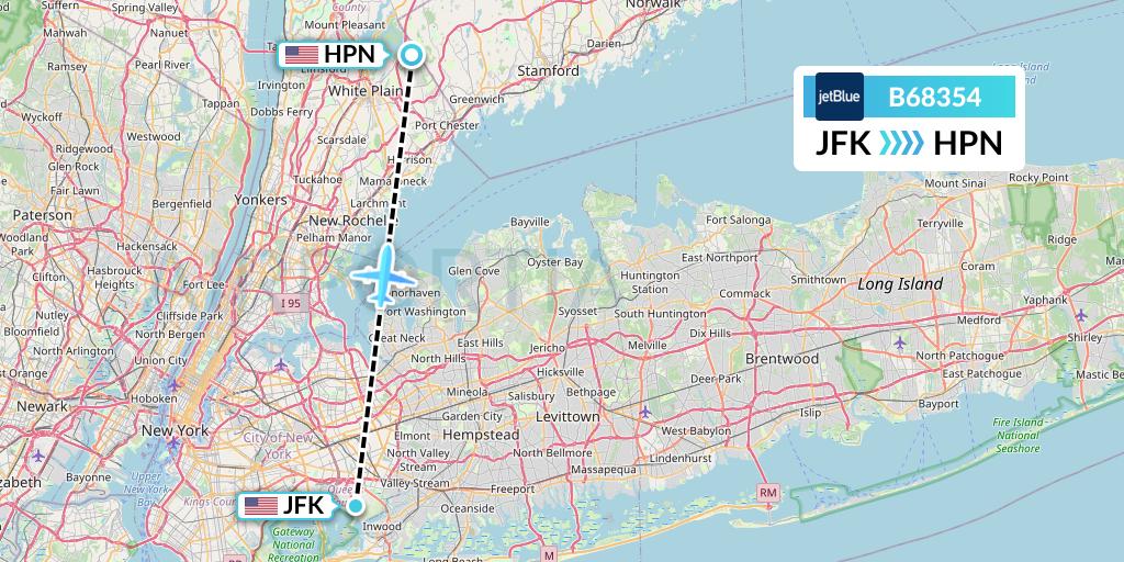 B68354 JetBlue Airways Flight Map: New York to White Plains