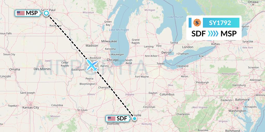 SY1792 Sun Country Airlines Flight Map: Louisville to Minneapolis