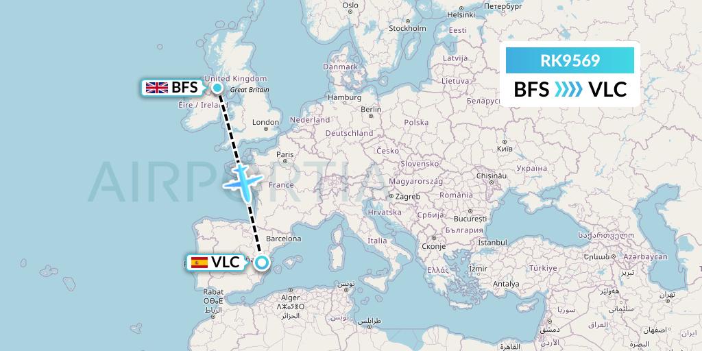 RK9569 Ryanair UK Flight Map: Belfast to Valencia
