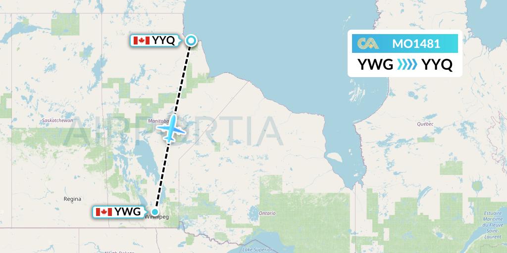 MO1481 Calm Air Flight Map: Winnipeg to Churchill