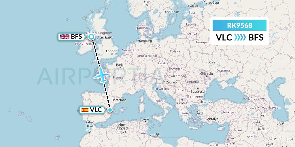 RK9568 Ryanair UK Flight Map: Valencia to Belfast