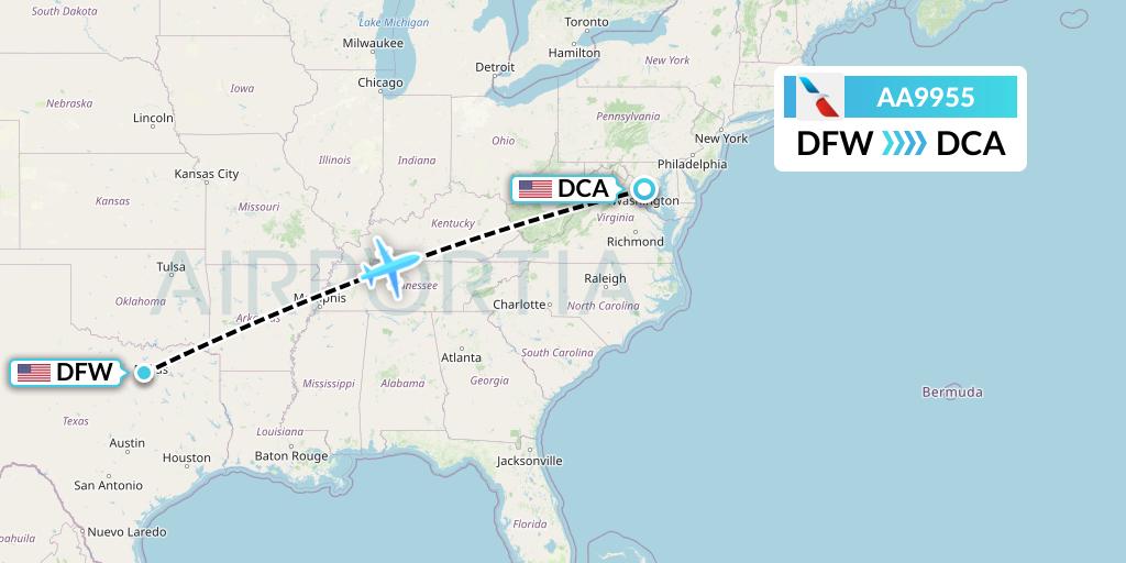 AA9955 American Airlines Flight Map: Dallas to Washington