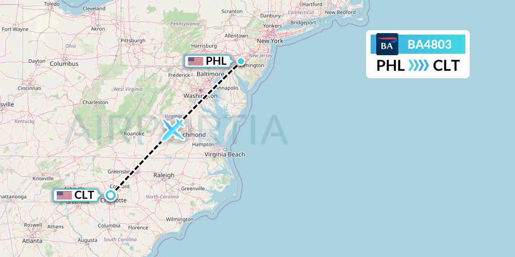 BA4803 British Airways Flight Map: Philadelphia to Charlotte