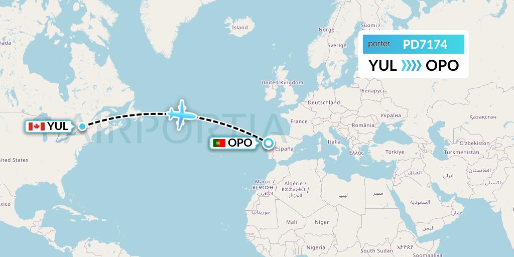 PD7174 Porter Airlines Flight Map: Montreal to Porto