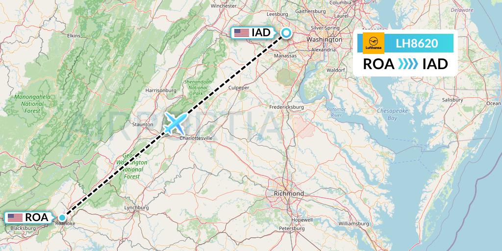 LH8620 Lufthansa Flight Map: Roanoke to Washington