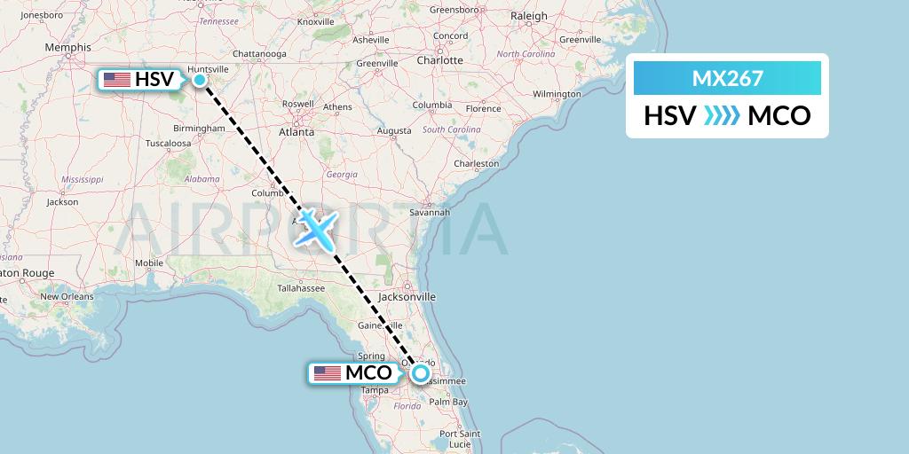 MX267 Breeze Airways Flight Map: Huntsville to Orlando