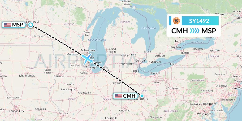 SY1492 Sun Country Airlines Flight Map: Columbus to Minneapolis