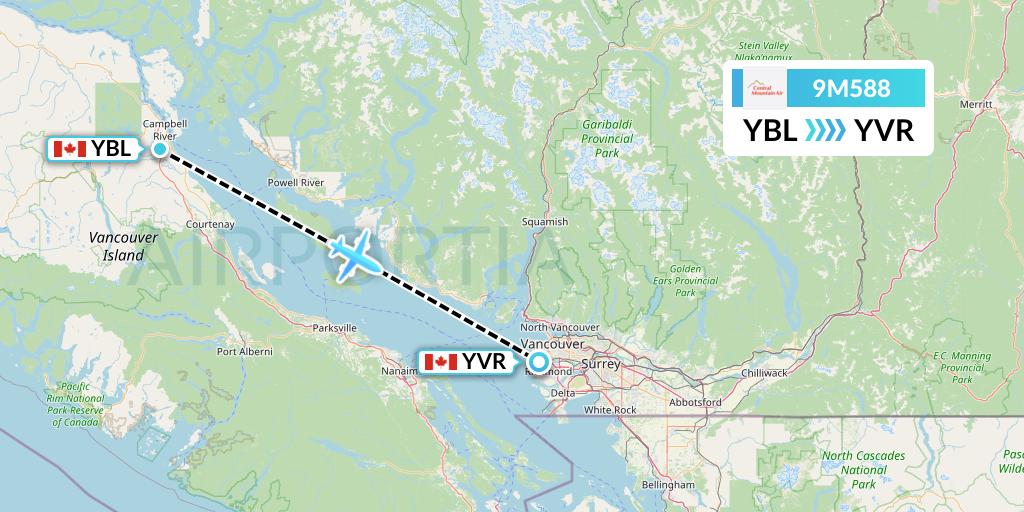 9M588 Central Mountain Air Flight Map: Campbell River to Vancouver