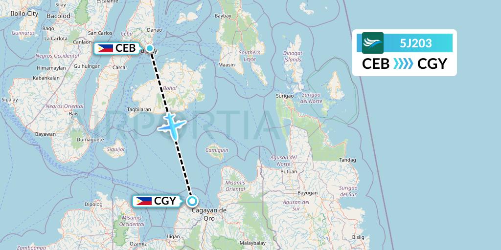 5J203 CEBU Pacific Air Flight Map: Cebu to Cagayan de Oro