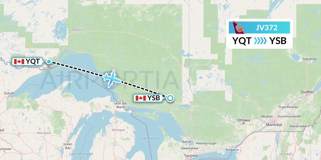 JV372 Bearskin Airlines Flight Map: Thunder Bay to Sudbury