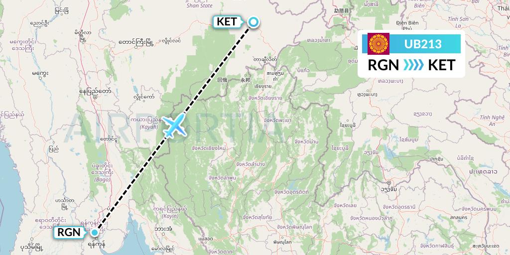 UB213 Myanmar National Airlines Flight Map: Yangon to Kengtung