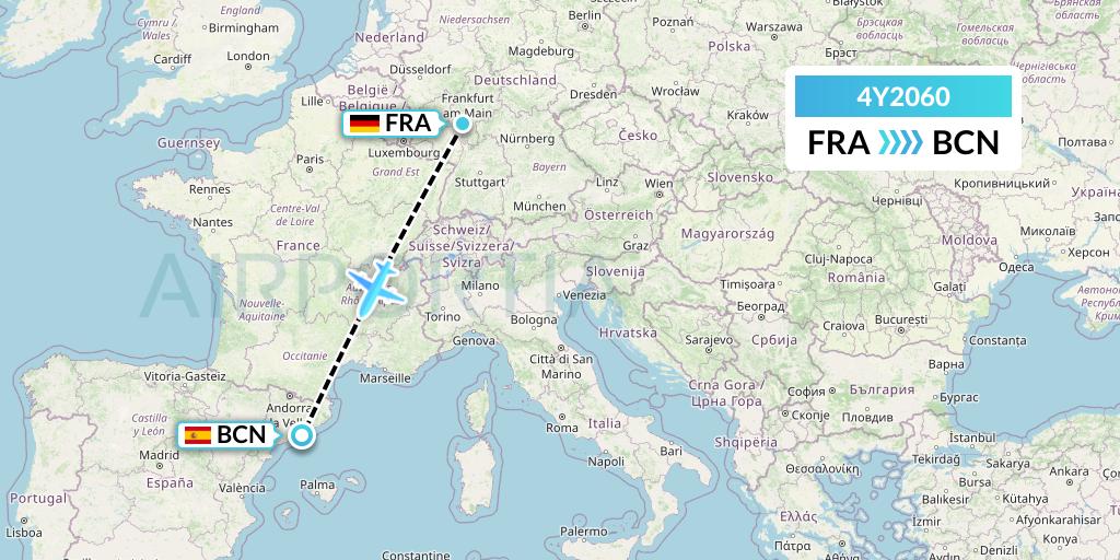 4Y2060 Eurowings Discover Flight Map: Frankfurt to Barcelona