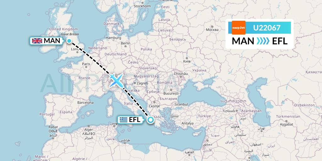 U22067 EasyJet Flight Map: Manchester to Kefalonia