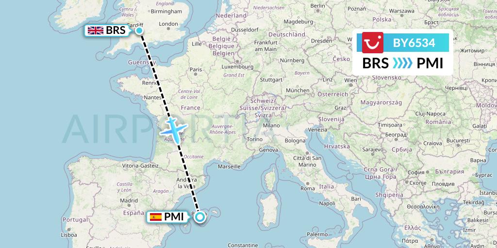 BY6534 TUI Airways Flight Map: Bristol to Palma de Mallorca