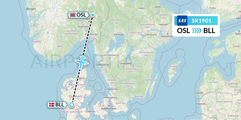 SK1901 SAS Flight Map: Oslo to Billund