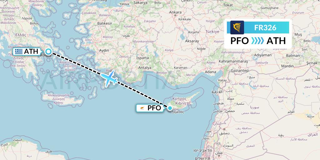 FR326 Ryanair Flight Map: Pafos to Athens