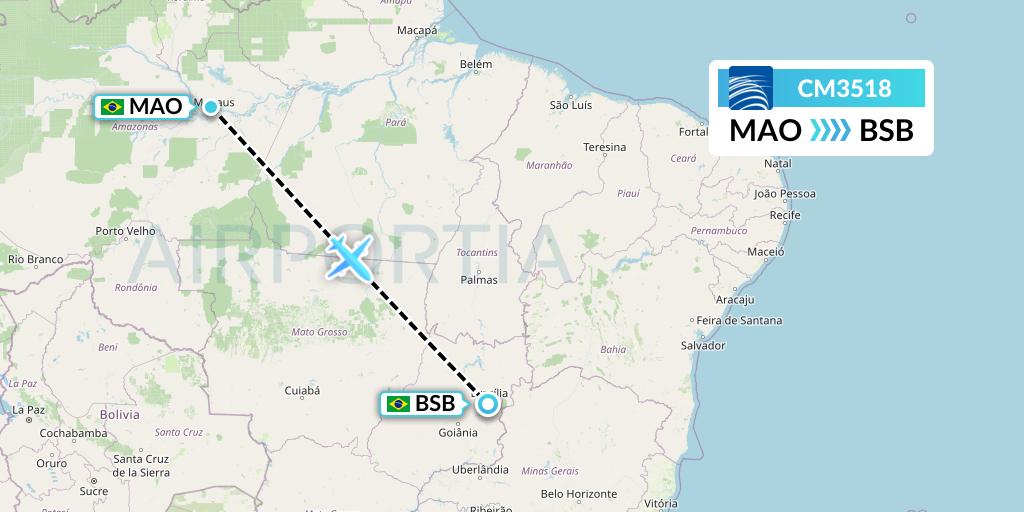 CM3518 Copa Airlines Flight Map: Manaus to Brasilia