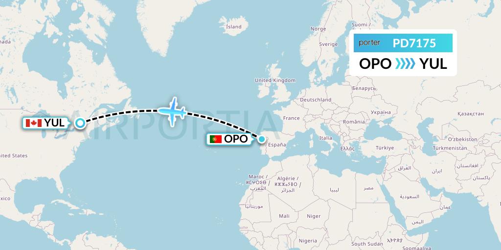PD7175 Porter Airlines Flight Map: Porto to Montreal