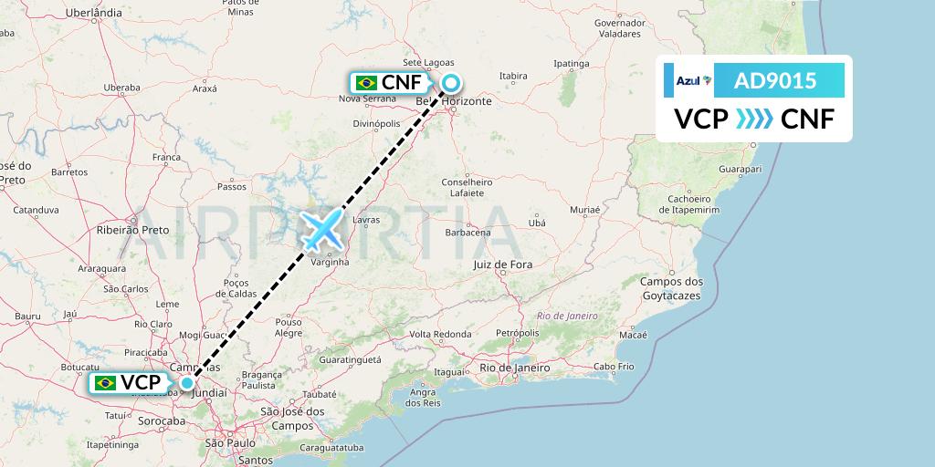 AD9015 Azul Brazilian Airlines Flight Map: Campinas to Belo Horizonte