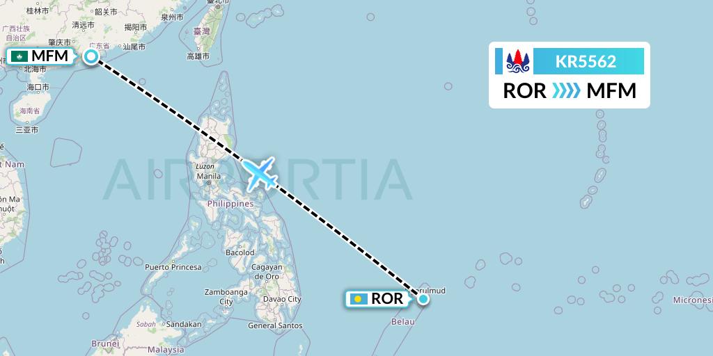 KR5562 Cambodia Airways Flight Map: Airai to Macau