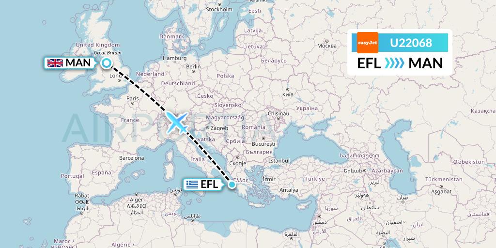 U22068 EasyJet Flight Map: Kefalonia to Manchester