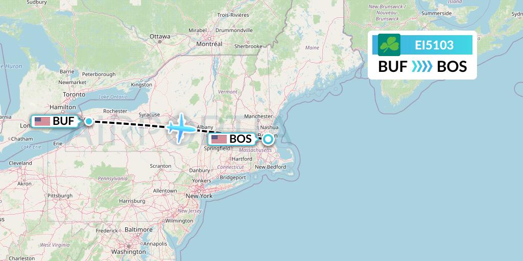 EI5103 Aer Lingus Flight Map: Buffalo to Boston