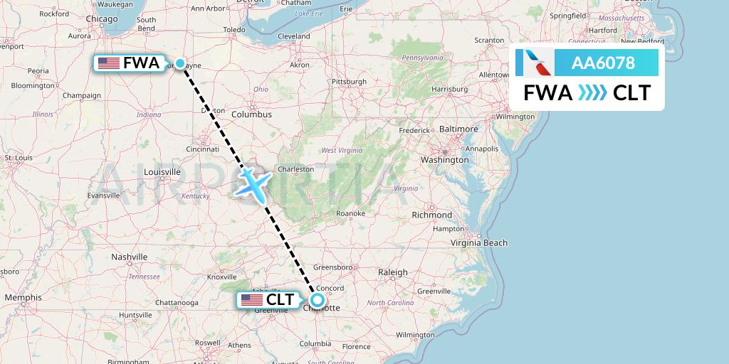 AA6078 American Airlines Flight Map: Fort Wayne to Charlotte