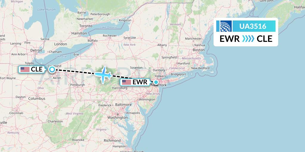 UA3516 United Airlines Flight Map: New York to Cleveland
