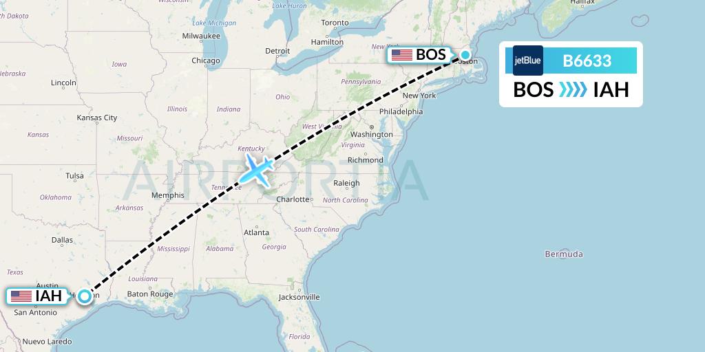 B6633 JetBlue Airways Flight Map: Boston to Houston