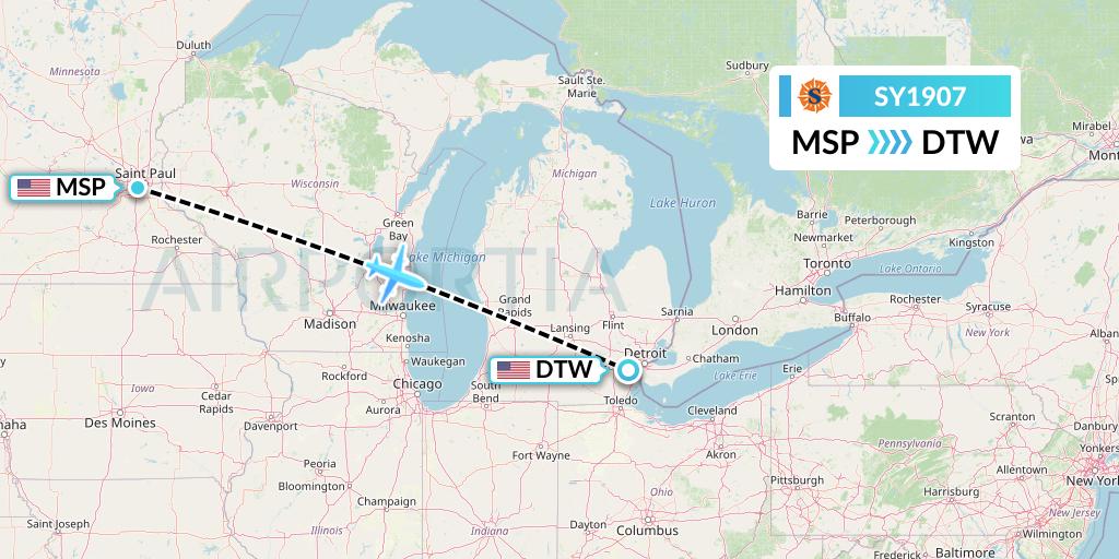 SY1907 Sun Country Airlines Flight Map: Minneapolis to Detroit