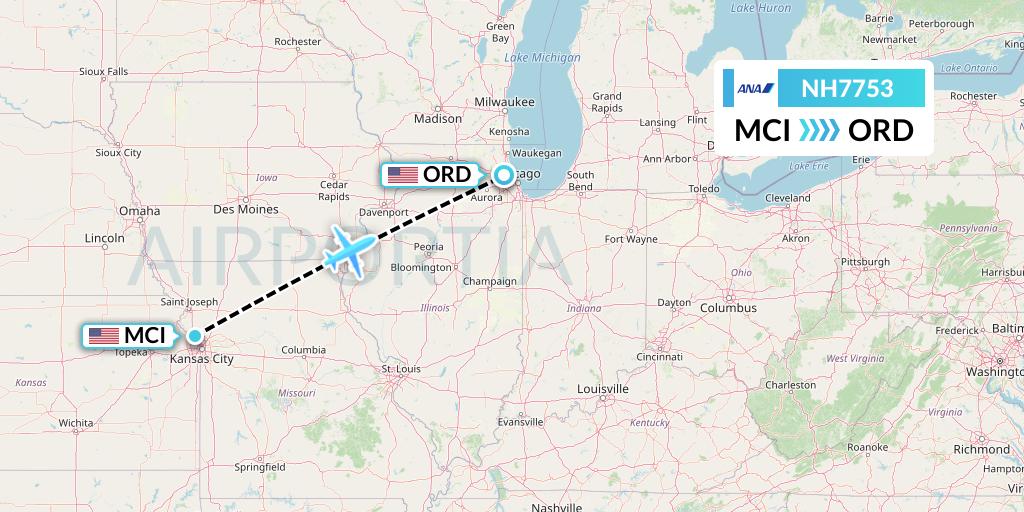 NH7753 All Nippon Airways Flight Map: Kansas City to Chicago