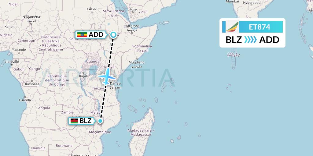 ET874 Ethiopian Airlines Flight Map: Blantyre to Addis Ababa