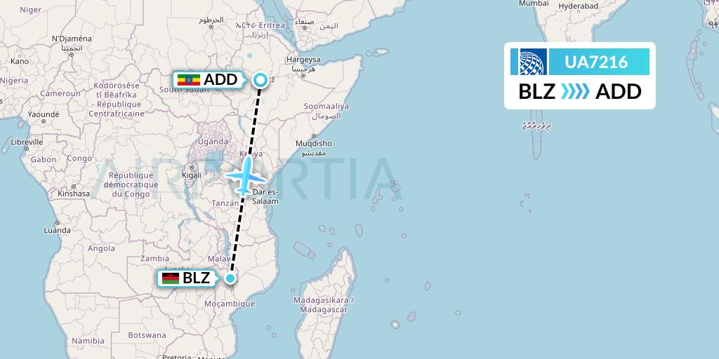 UA7216 United Airlines Flight Map: Blantyre to Addis Ababa
