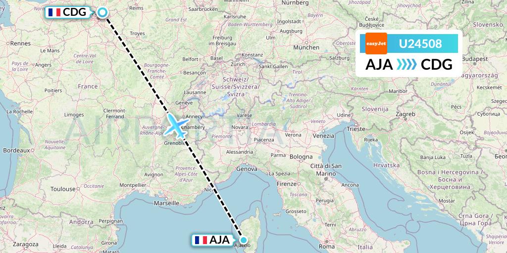U24508 EasyJet Flight Map: Ajaccio to Paris