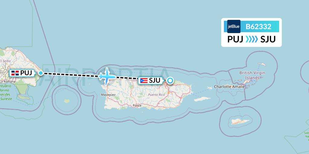 B62332 JetBlue Airways Flight Map: Punta Cana to San Juan
