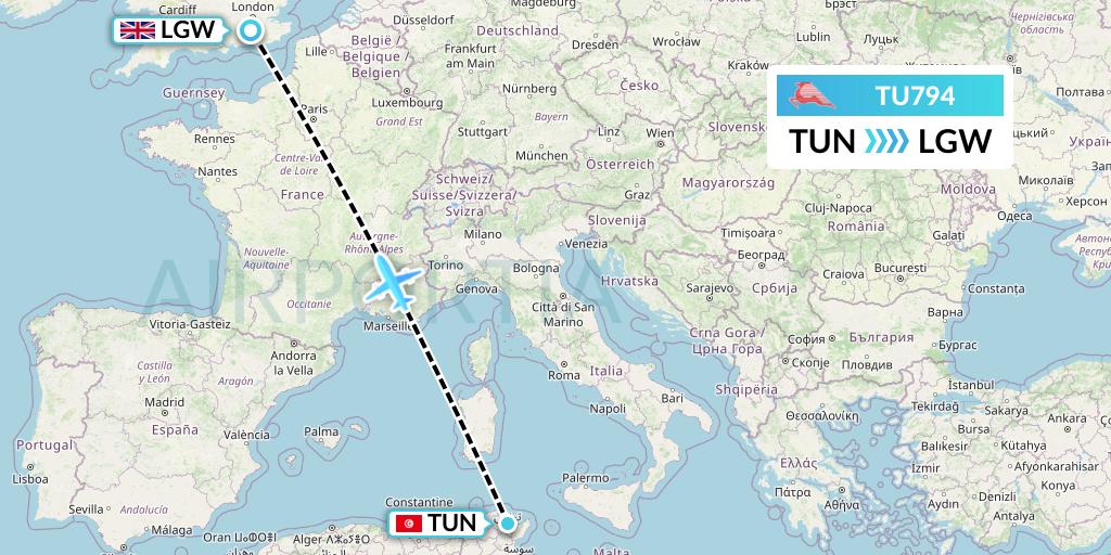 TU794 Tunisair Flight Map: Tunis to London