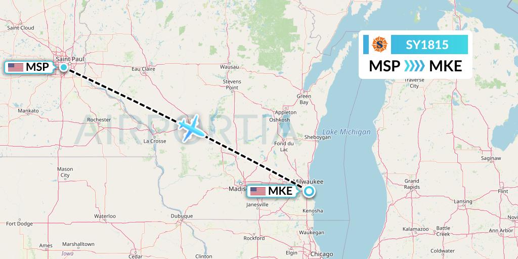 SY1815 Sun Country Airlines Flight Map: Minneapolis to Milwaukee
