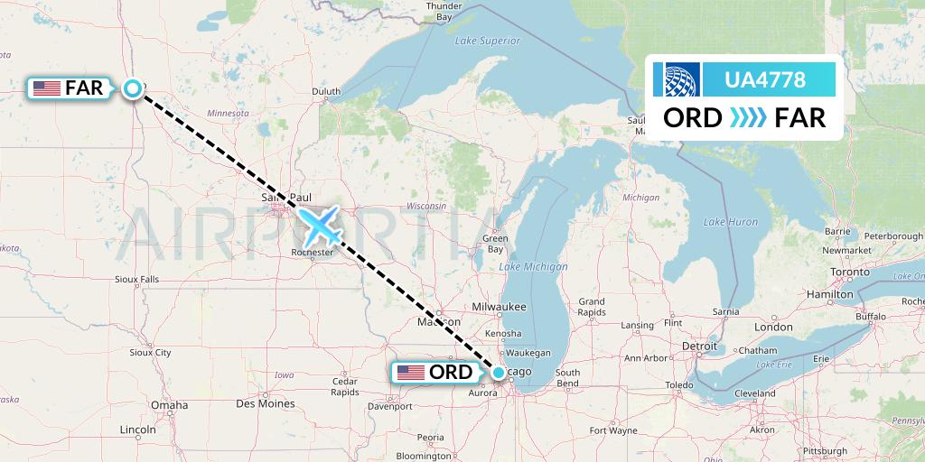 UA4778 United Airlines Flight Map: Chicago to Fargo