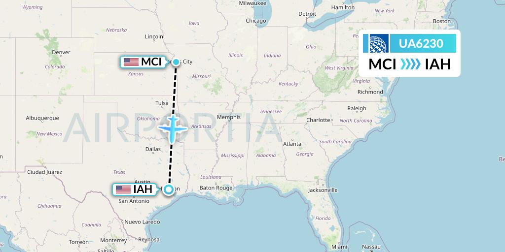 UA6230 United Airlines Flight Map: Kansas City to Houston