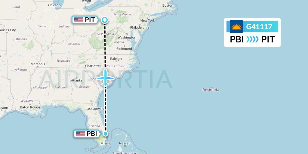 G41117 Allegiant Air Flight Map: West Palm Beach to Pittsburgh
